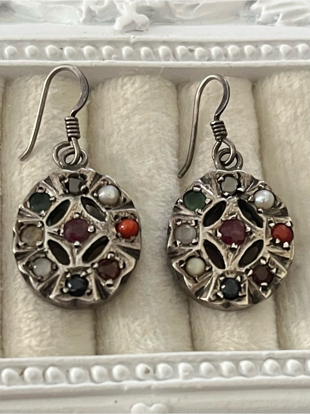 Sterling Silver Navaratna Dangle Earrings 11.26g Vintage Nice Patina Handmade